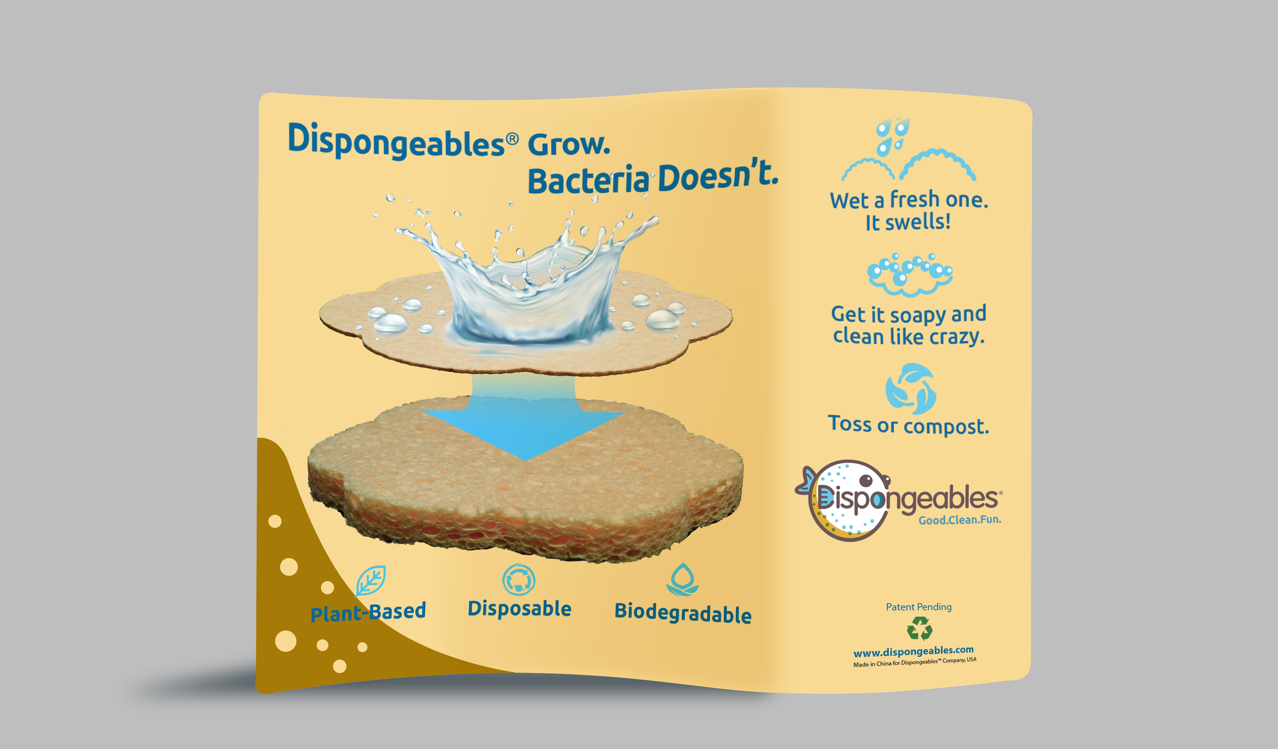 Package of Dispongeables brand biodegradable, plant-based, disposable cleaning sponges with instructions to wet, swish, and toss or compost.