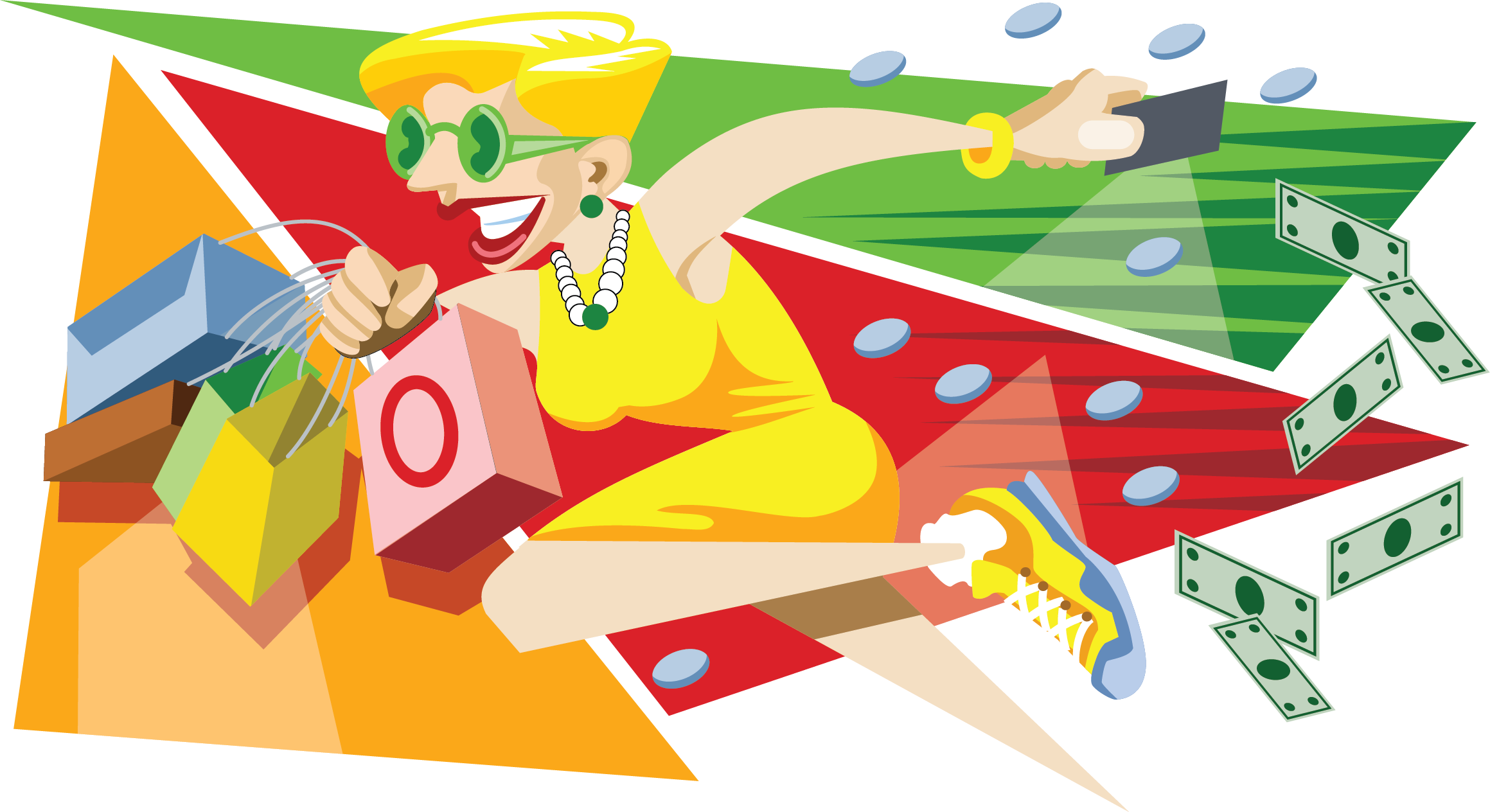 Cartoon woman with sunglasses, jewelry, yellow dress, and sneakers shopping with bags, holding a smartphone, surrounded by money and coins.