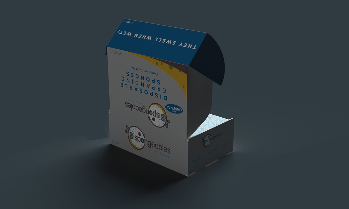 Open disinfecting sponge product box, showing the brand logo and text, with the lid partially open.