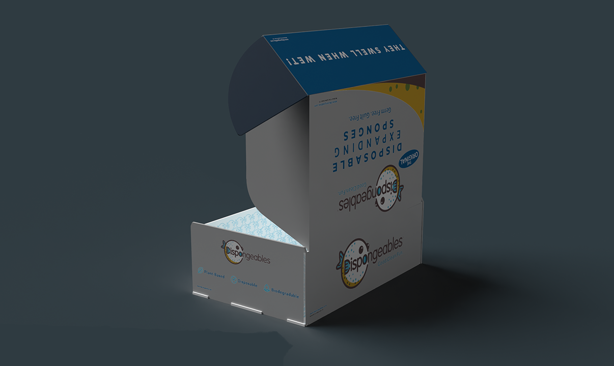 A white cardboard box with the brand name 'Eispongeables' and eco-friendly labels, partially folded open against a dark background.