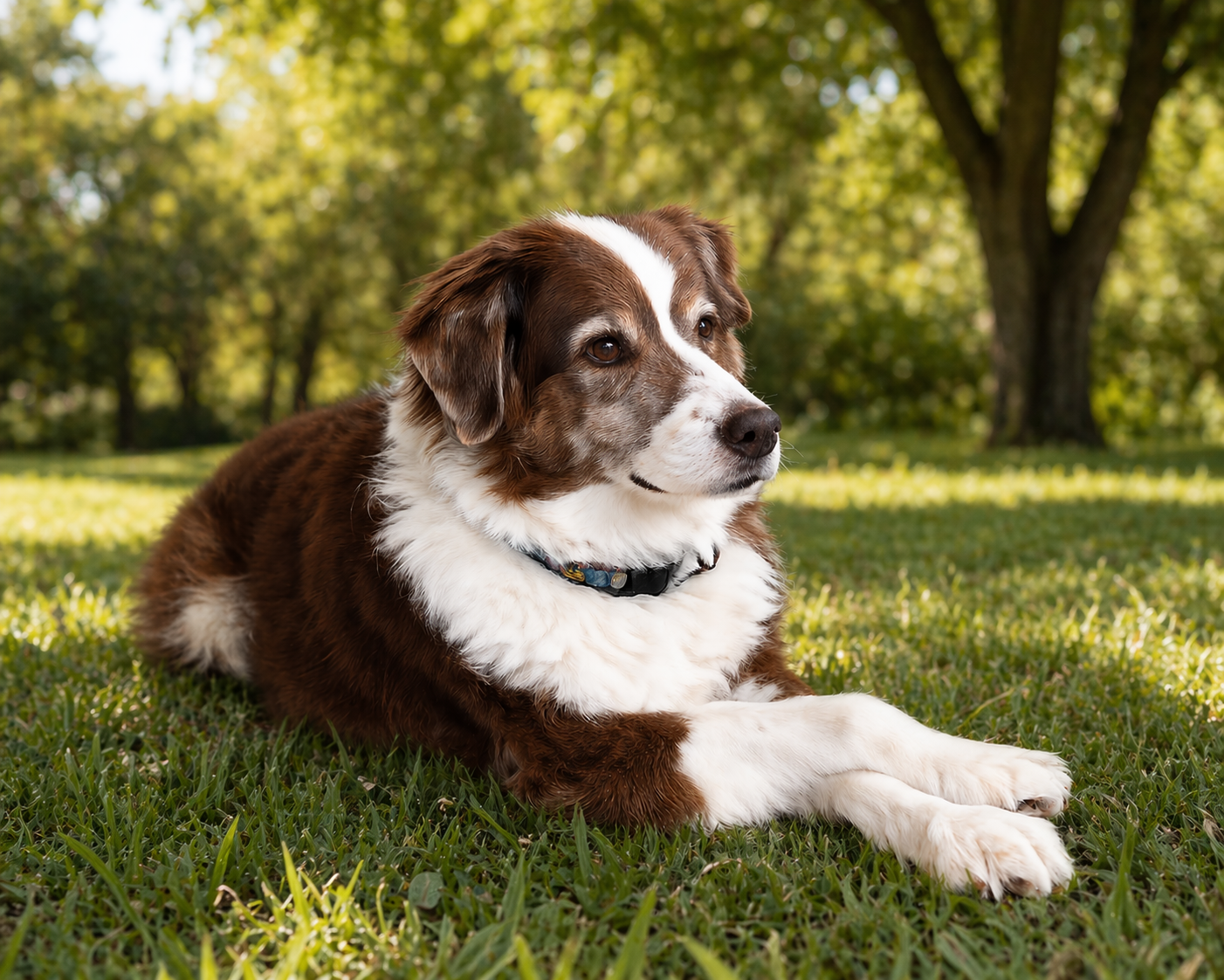A brown and white dog lying on grass in a park with trees in the background.