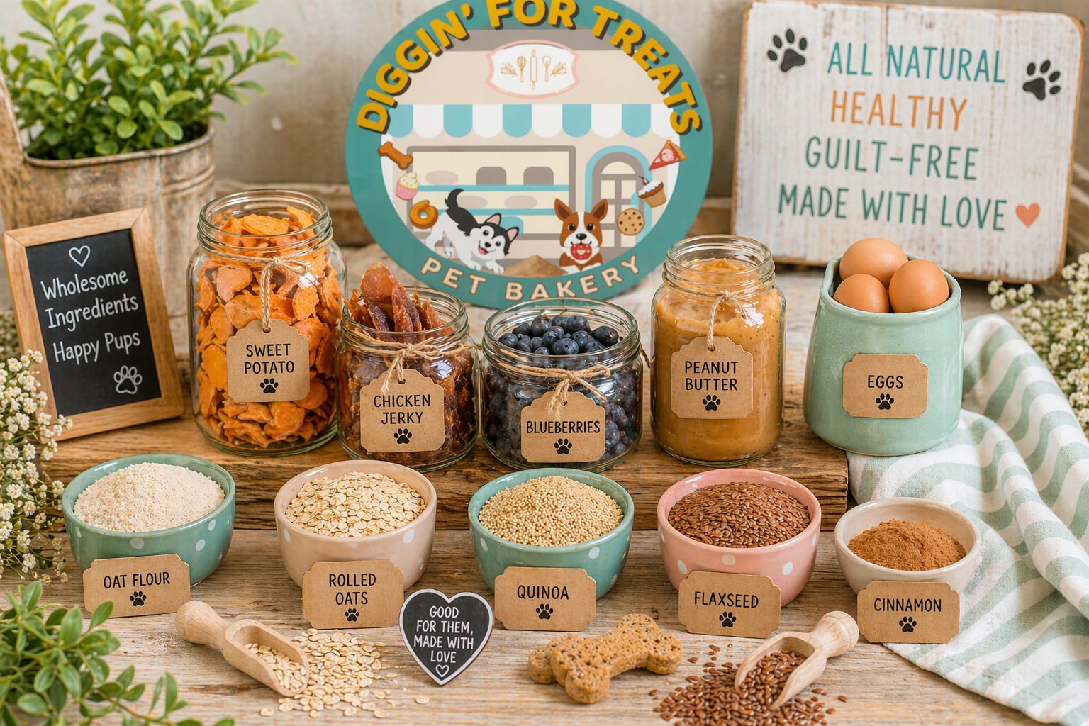 Display of pet treats and ingredients at a bakery, including jars labeled sweet potato, chicken jerky, blueberries, peanut butter, and eggs, with bowls of oats, rolled oats, quinoa, flaxseed, and cinnamon, and signs promoting natural, healthy, guilt-free pet treats.