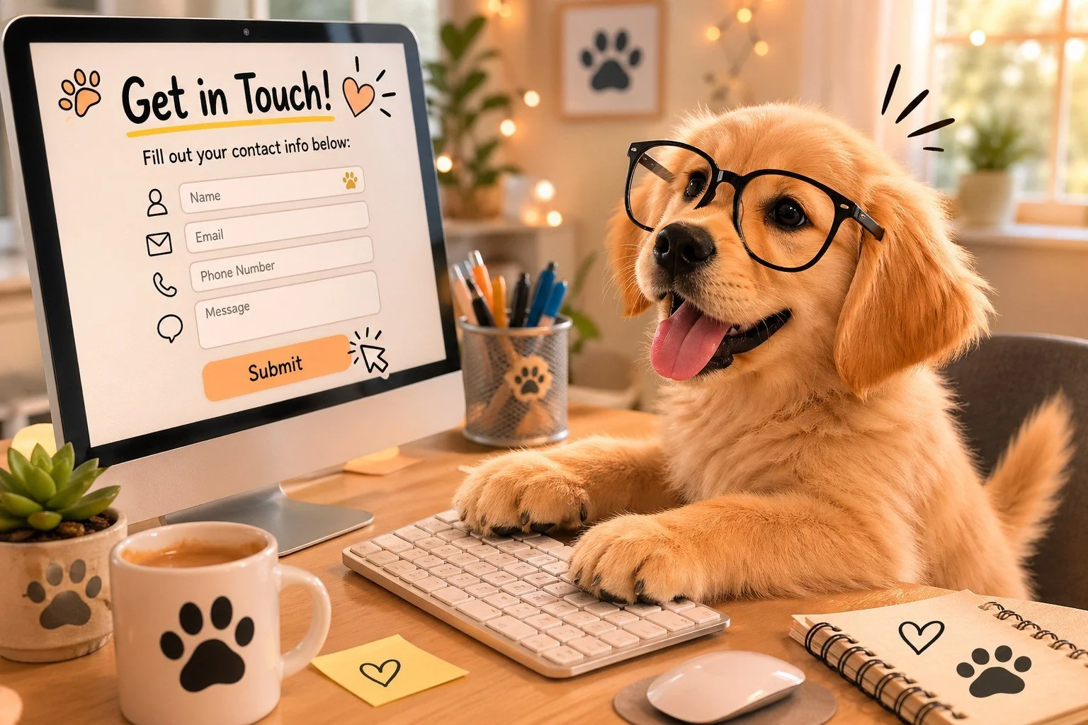 A cute golden retriever puppy wearing glasses, sitting at a desk with a keyboard and mouse, in front of a computer screen that displays a contact form titled 'Get in Touch!'. The desk has a coffee mug, potted plant, pen holder, and notebooks with paw print designs, in a cozy, well-lit office space with pet-themed decor.