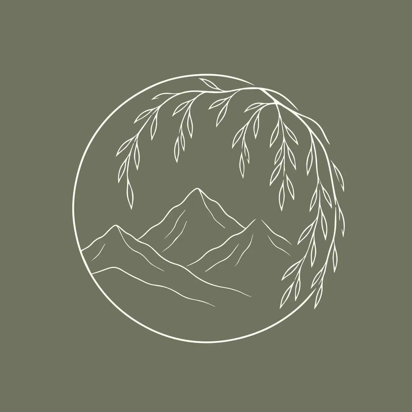 Minimalist line drawing of mountains, framed by hanging willow branches on a muted green background.