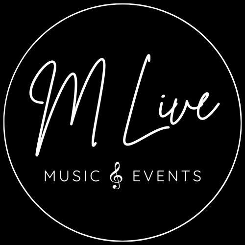 Logo noir avec le texte 'M Live' écrit en cursif blanc, et 'Music & Events' en plus petit avec une clé de sol entre les mots.