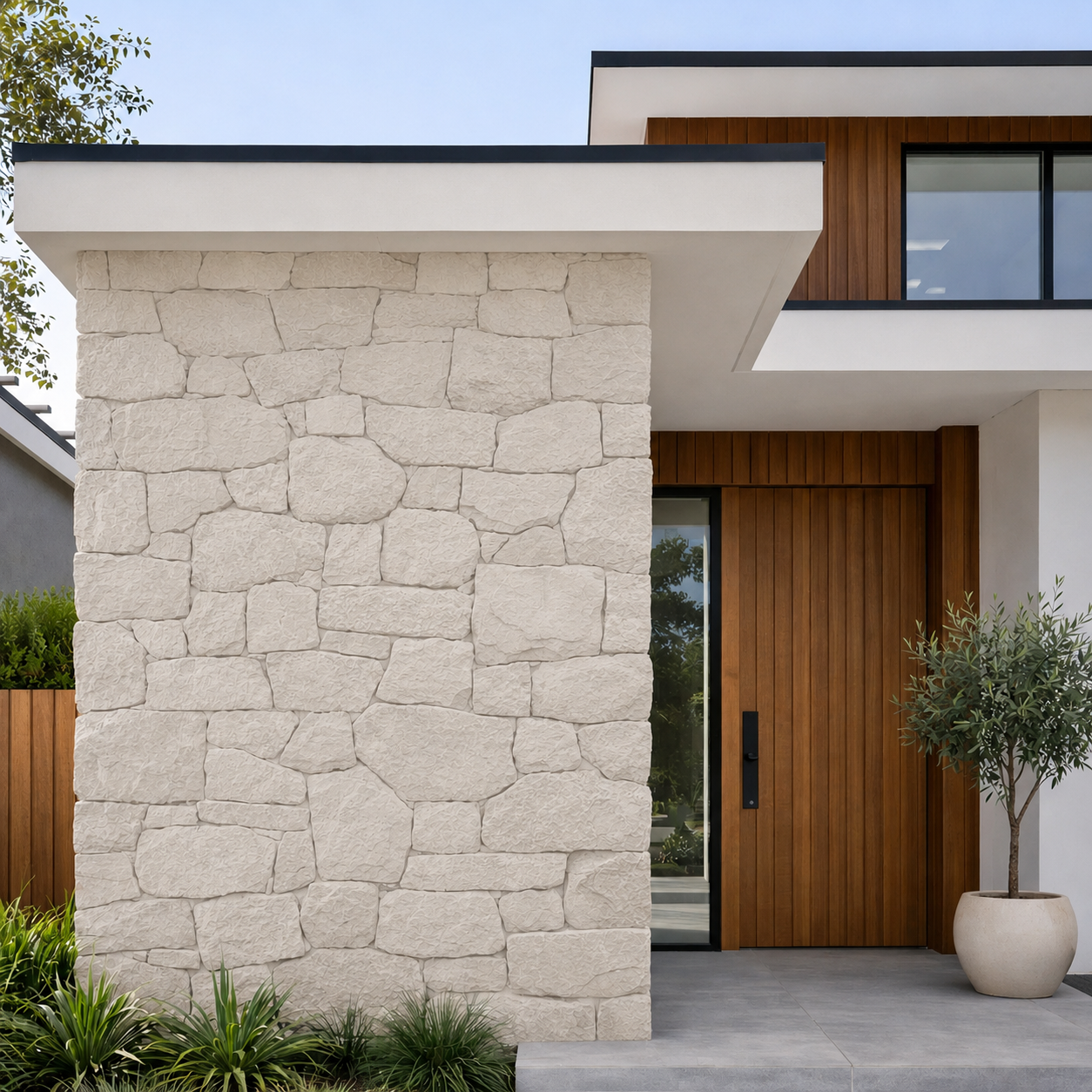 Modern house exterior with limewashed stone wall, wooden panel accents, large glass door, and potted tree in front.