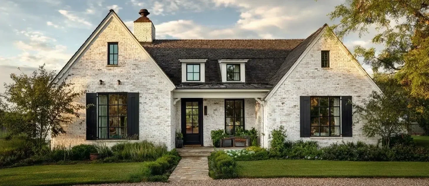 Whitewash brick house with black shutters, gabled roof, front lawn, and surrounding trees under a cloudy sky.