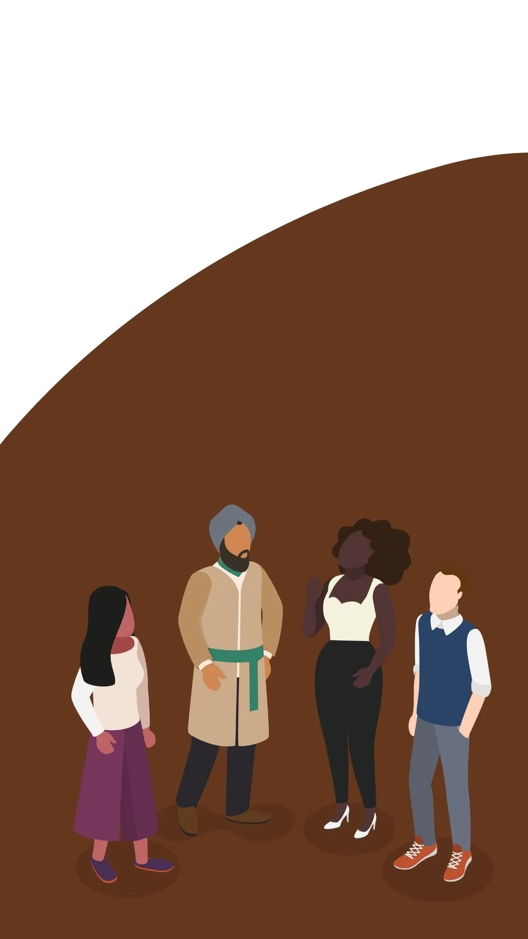 Four diverse people standing on a dark brown background, engaged in conversation.