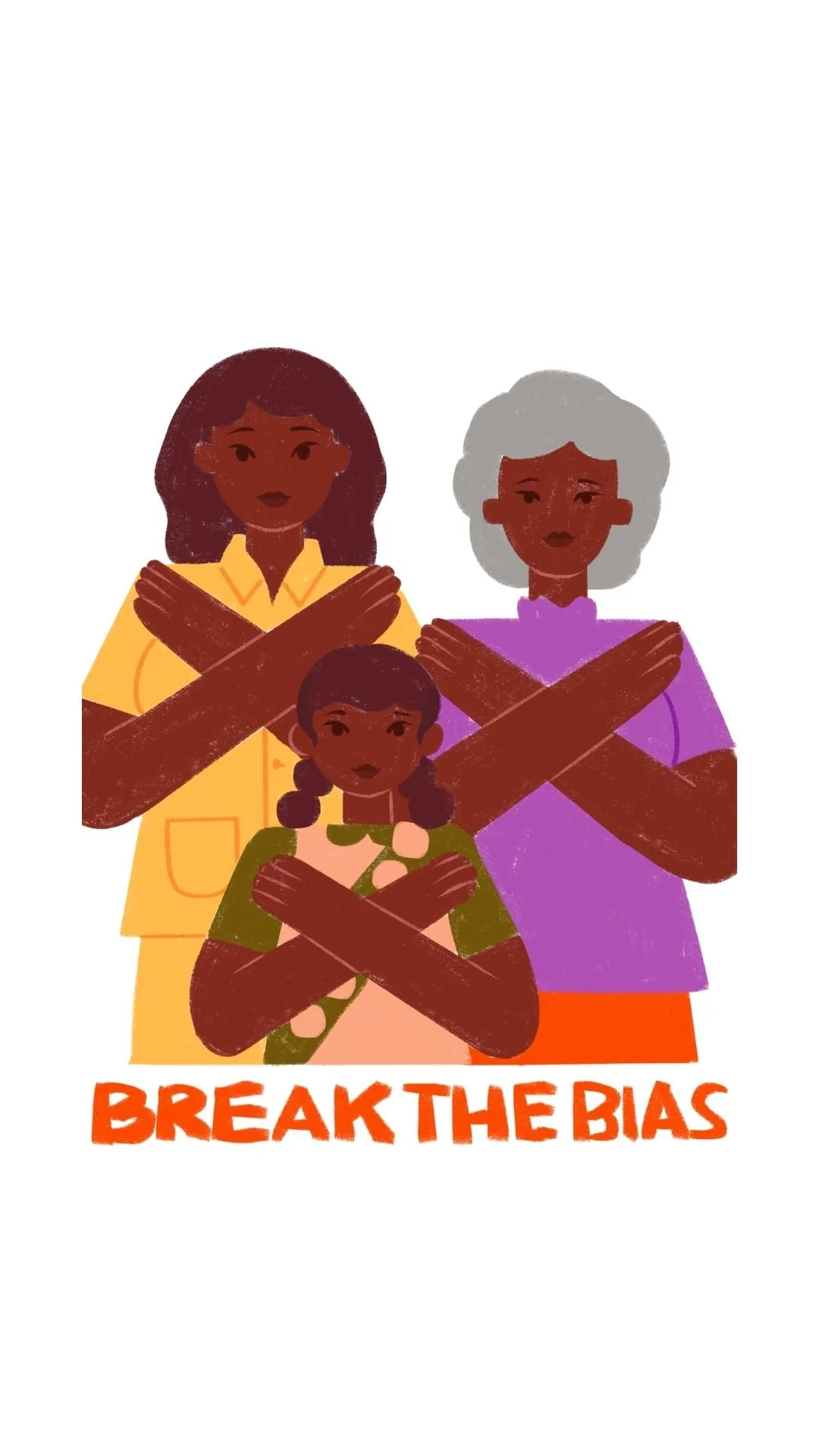 Three diverse women and a girl making a symbol of crossed arms, with the text 'Break the Bias' below them.