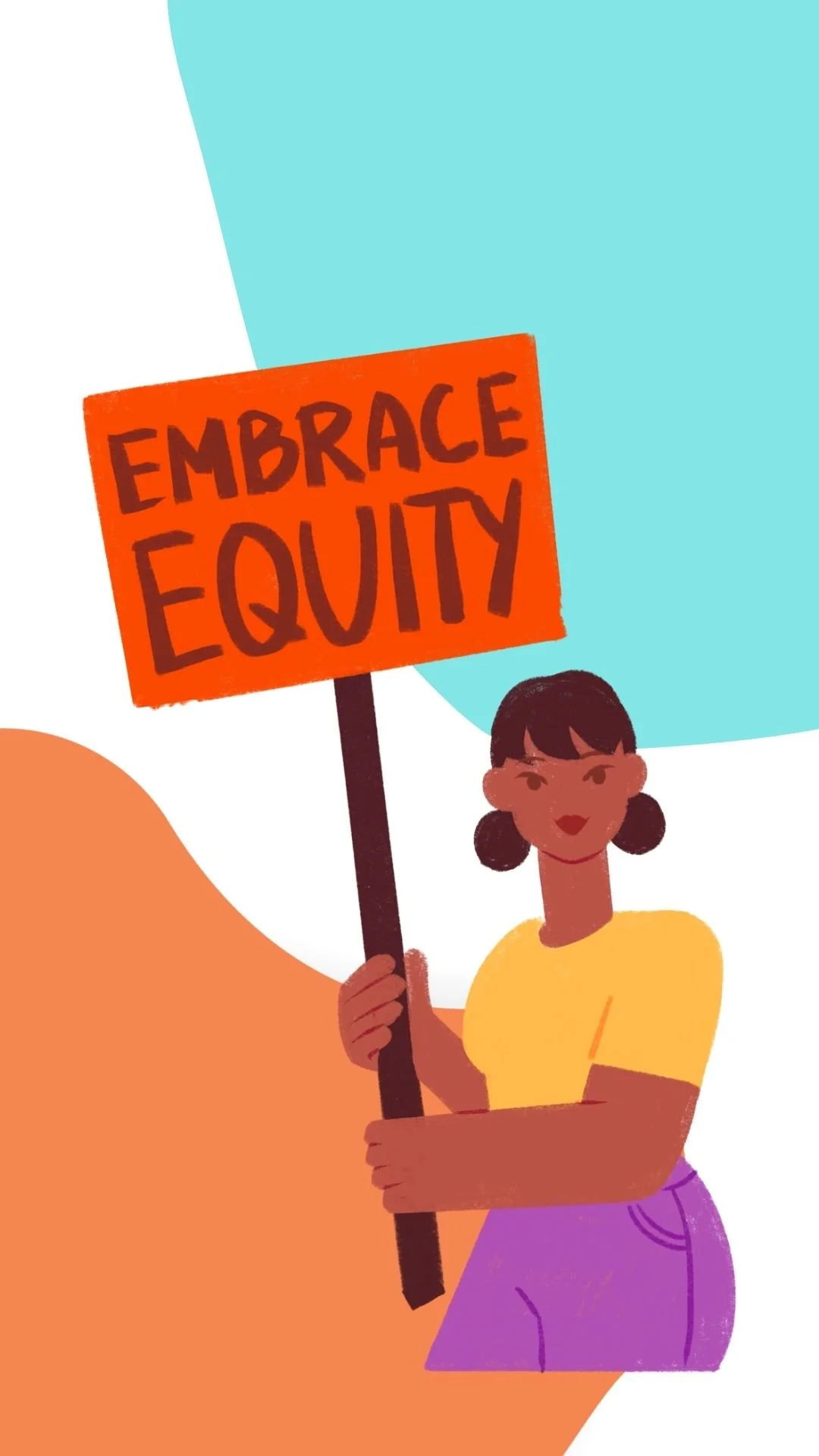 Illustration of a woman holding a sign that says 'Embrace Equity' with colorful abstract background.