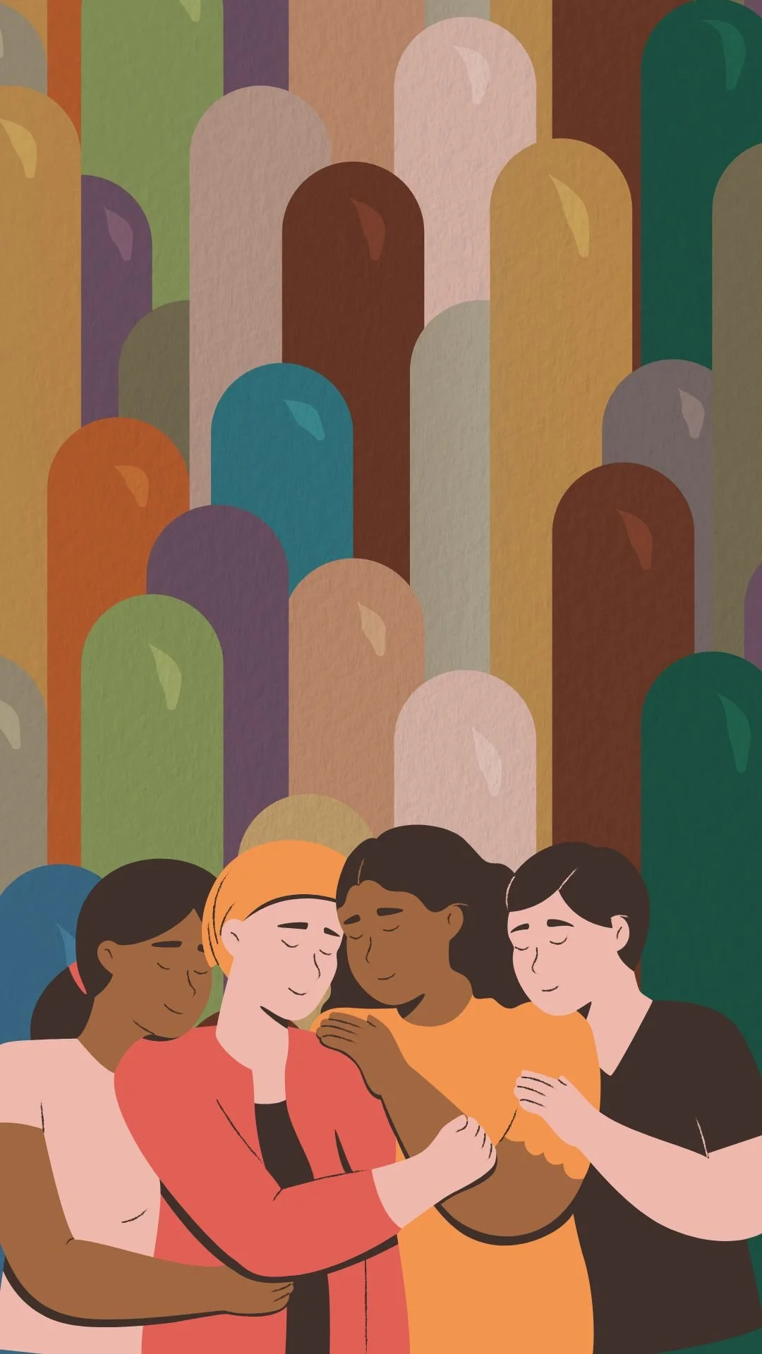 A diverse group of four women standing close together, with their eyes closed and smiling, appearing to share a moment of connection and friendship, against a colorful, abstract background of rounded shapes.