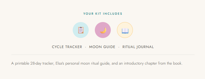 Image of a kit including a cycle tracker, moon guide, and ritual journal, with icons for each item and description of contents.