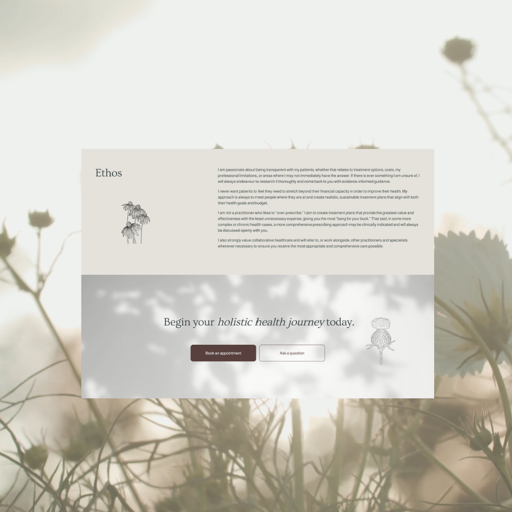 Botanical Health Naturopathy services page outlining naturopathic care and telehealth appointments.