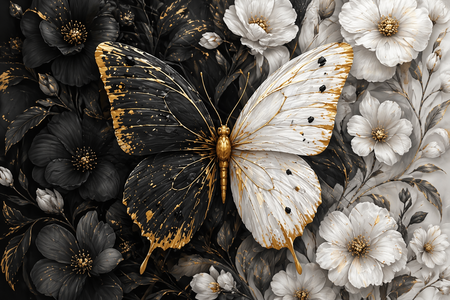 A decorative butterfly with gold and black wings on a background of black and white flowers.