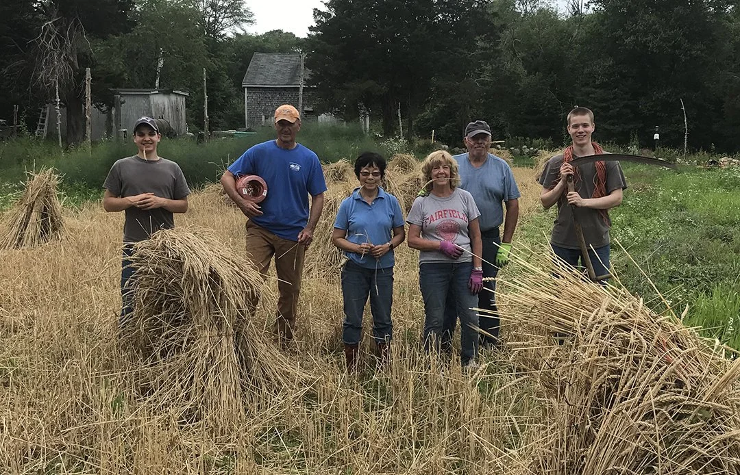Group of six people standing in a field of harvested wheat, some holding tools and equipment, with a rural backdrop of trees and old buildings.