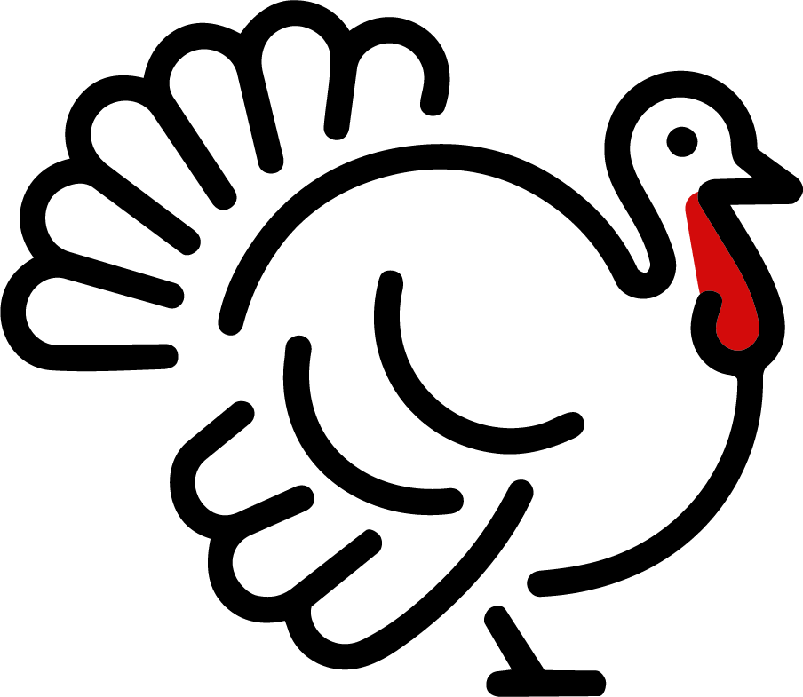 Outline of a turkey with a red wattle, facing to the right, with a fan of tail feathers.