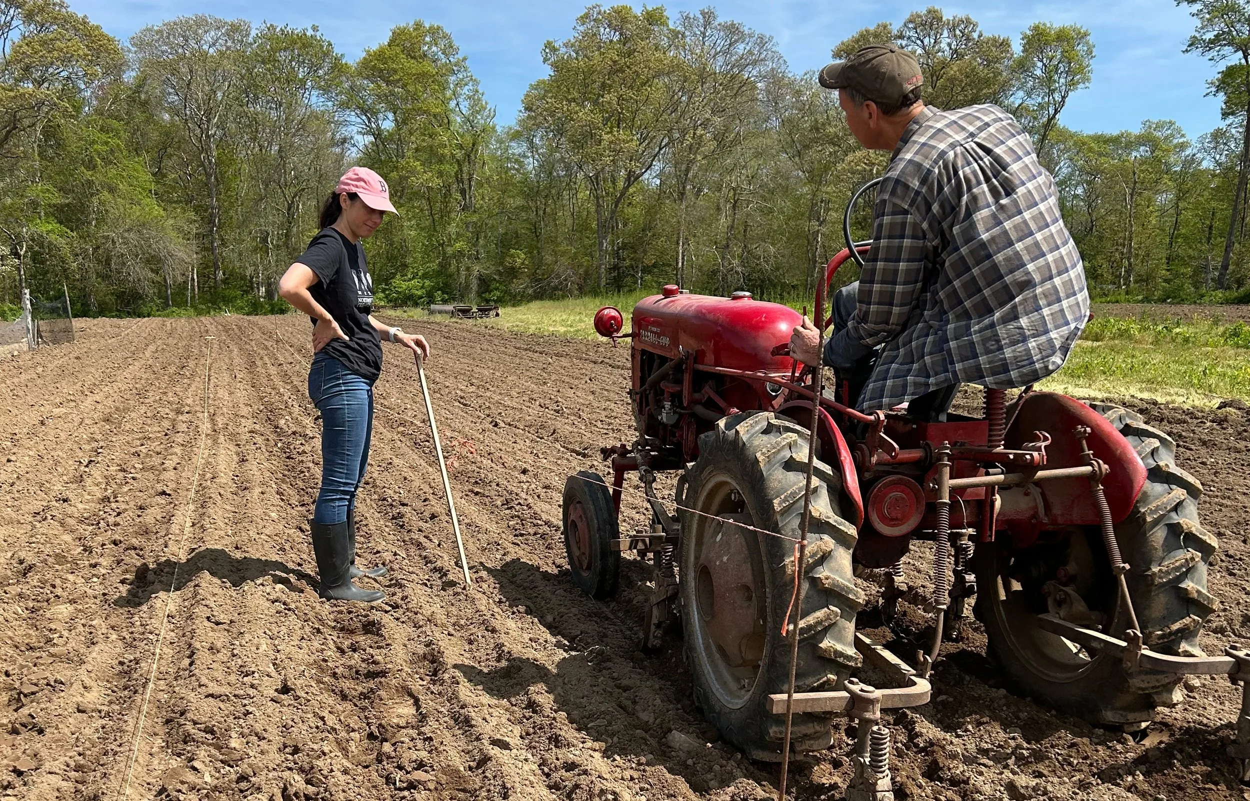 A woman in a pink hat and rain boots observing and measuring a freshly plowed agricultural field with a man on a tractor. The scene is outdoors with trees and a blue sky in the background.