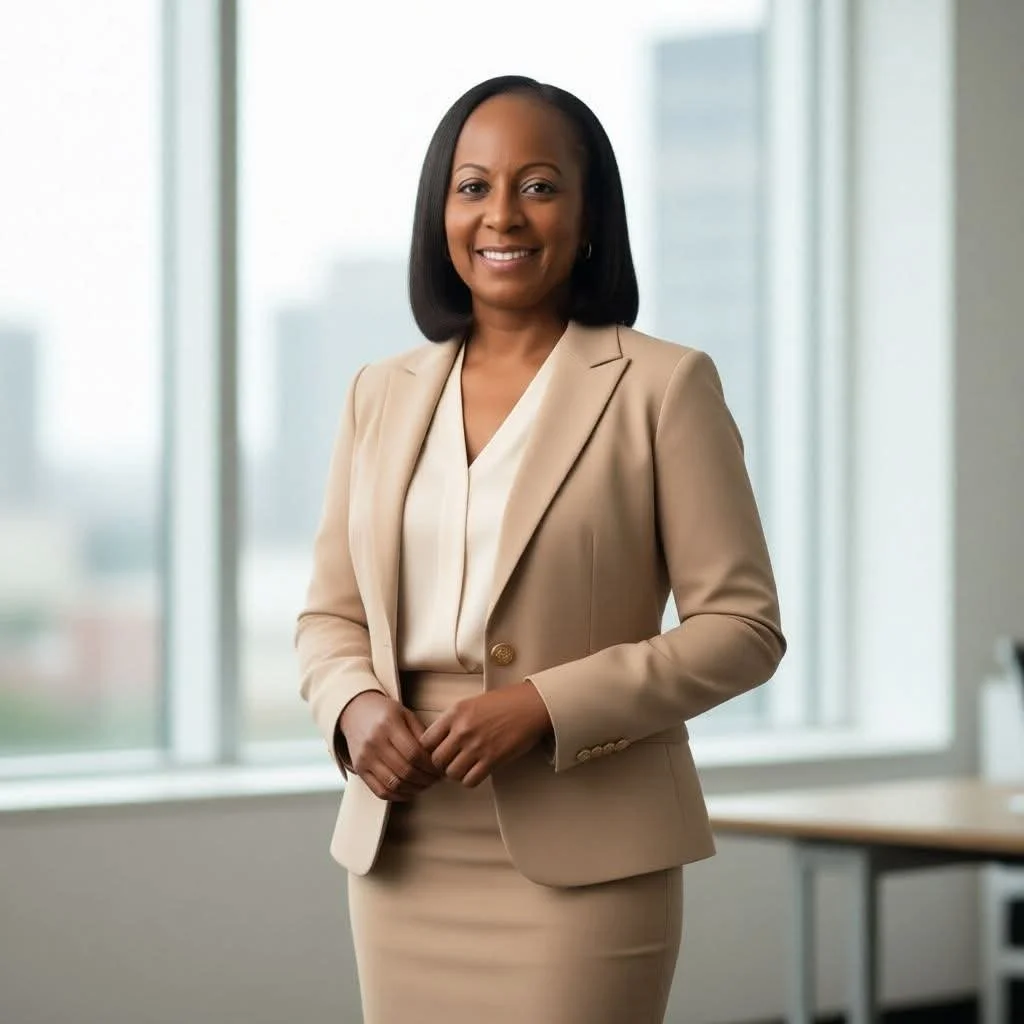 Professional woman in beige suit standing in an office with large windows.