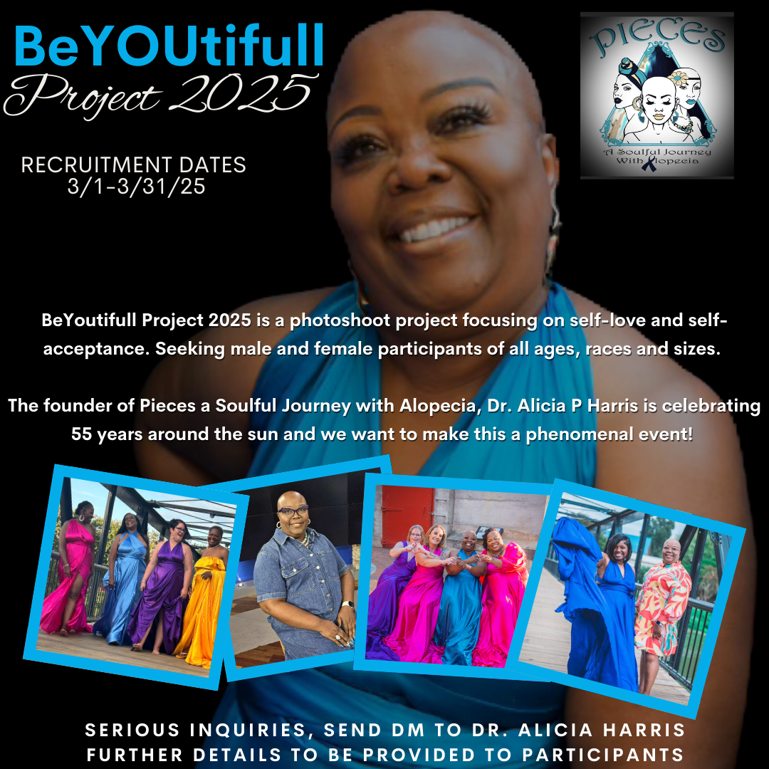 Poster for BeYOUTiful Project 2025 featuring a smiling woman with a shaved head in a blue dress. Contains information about recruitment dates, project focus on self-love and acceptance, celebrating Dr. Alicia P Harris's 55th birthday, and includes photos of women in colorful dresses.