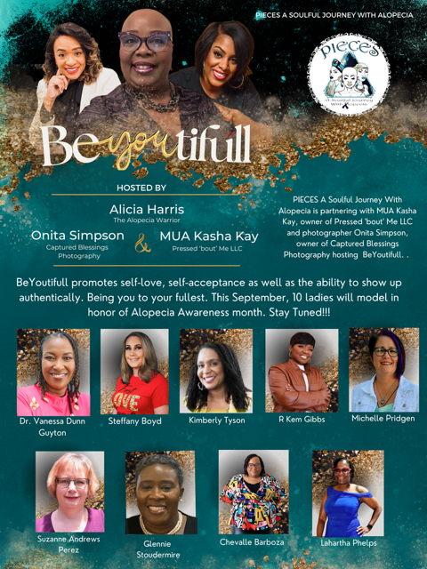 Promotional poster for an event titled 'Be beautiful' with photos of speakers and organizers, including Alicia Harris, Onita Simpson, MUA Kasha Kay, and others. Features a blue and gold color scheme with the logo and details about the event honoring Alopecia Awareness month.