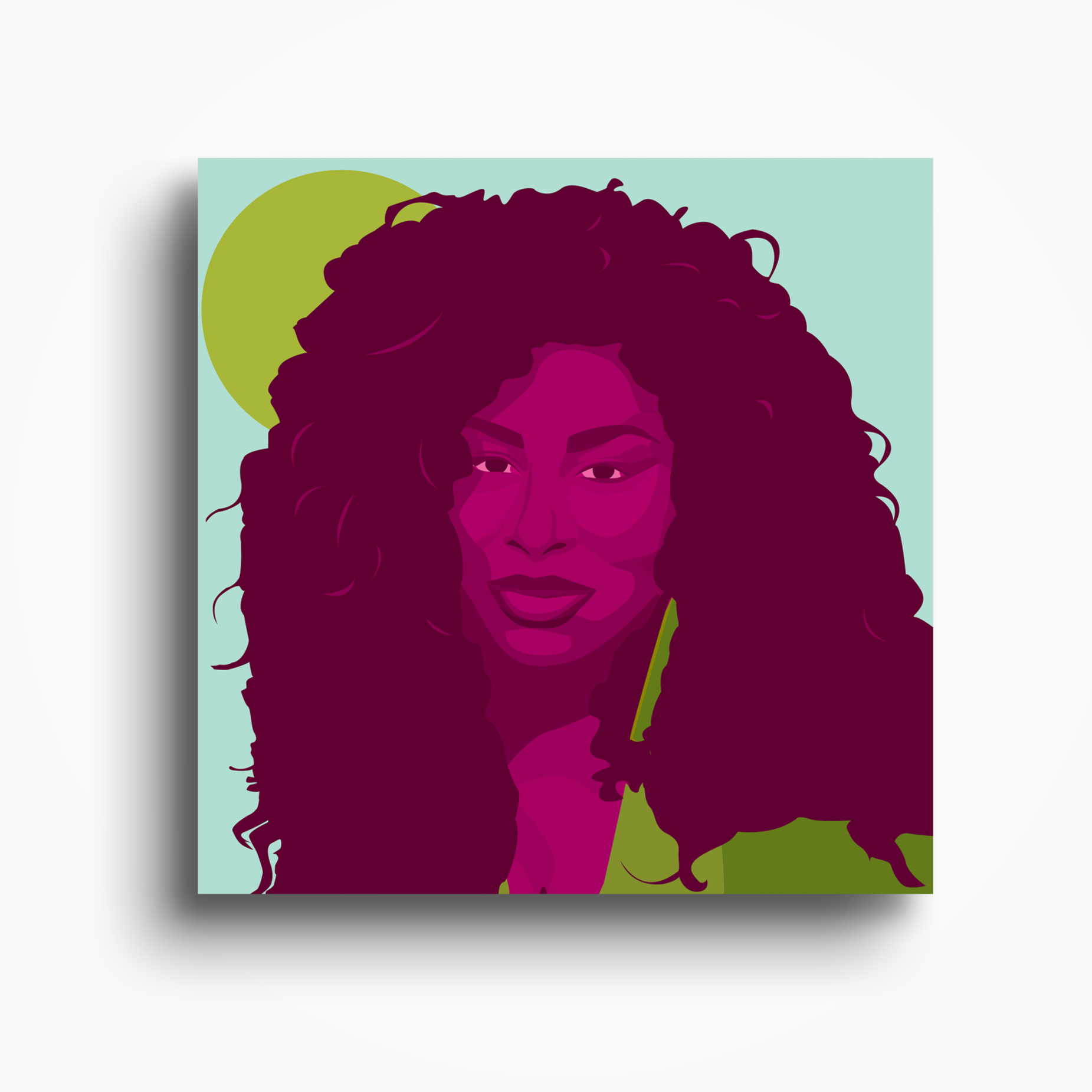 Digital illustration of a woman with voluminous curly hair, wearing a jacket, against a teal background with a green circle.