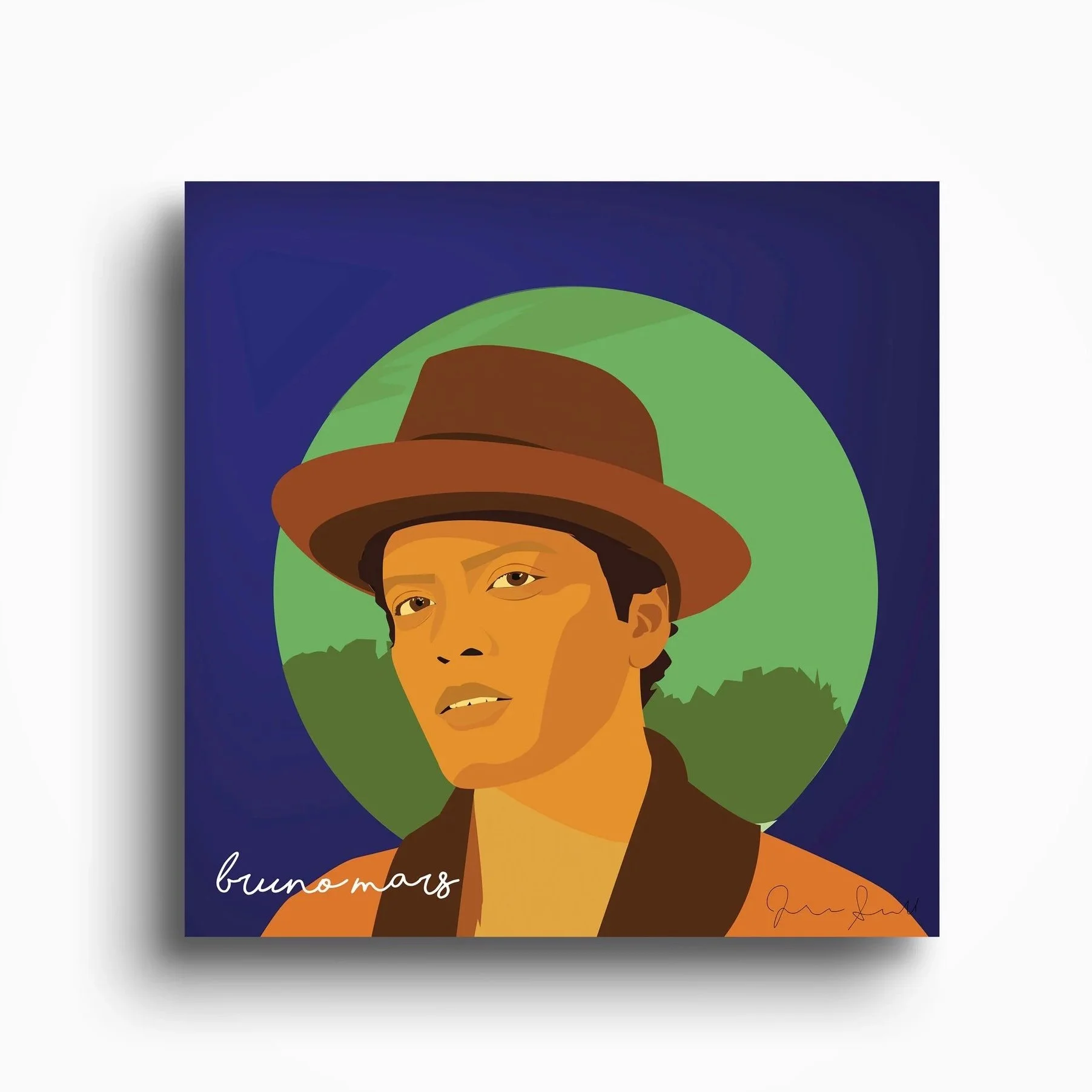 Stylized portrait of a Bruno Mars with short dark hair wearing a brown hat with a black band, an orange jacket, and a brown vest, set against a green Mars.