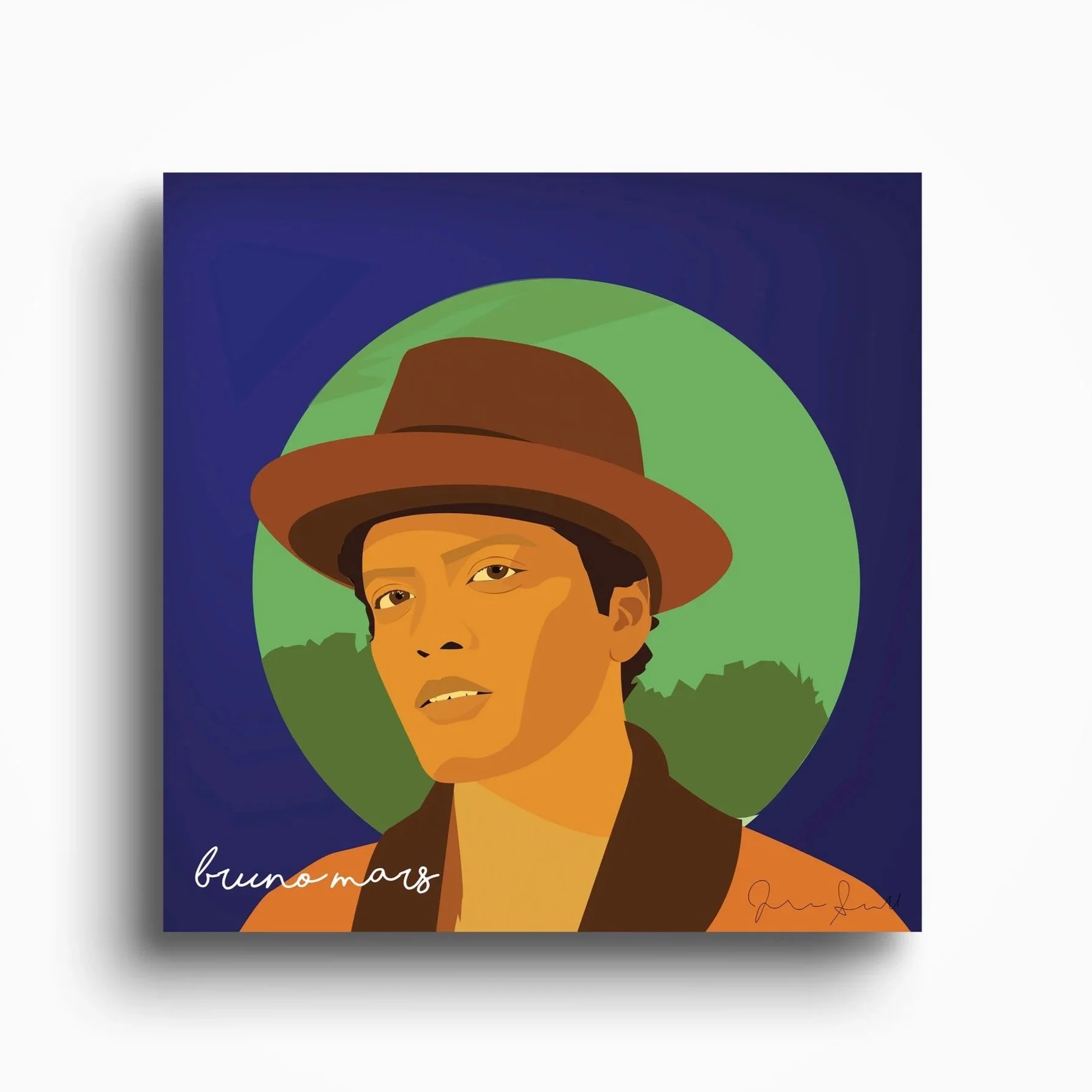 Illustrated portrait of a woman wearing a brown hat and brown jacket, with a green background and dark blue sky, with the words "buno mars" written at the bottom.
