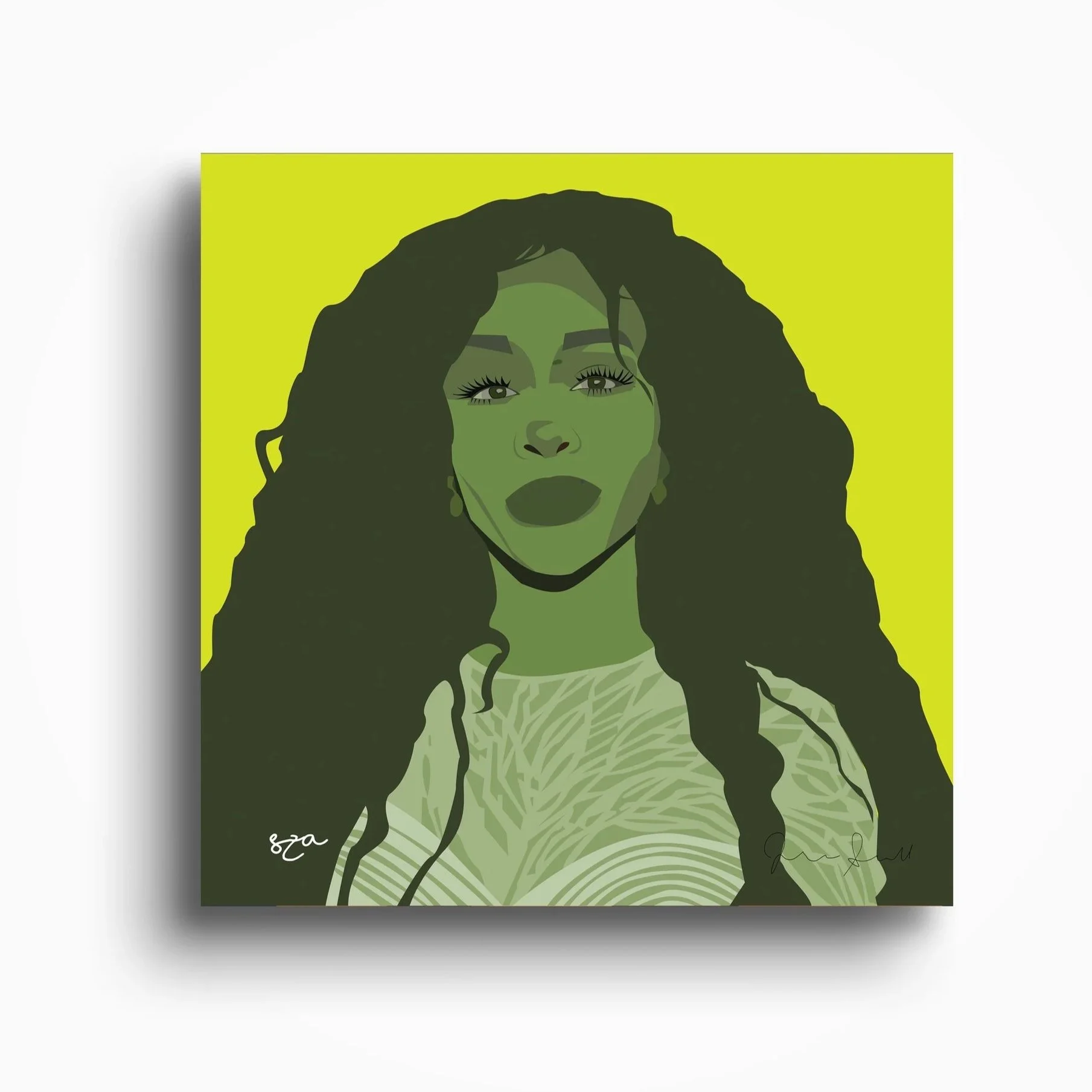 Digital portrait of a woman with dark wavy hair, green skin tone, and intense gaze, set against a bright green background. The artwork features stylized, graphic design elements.