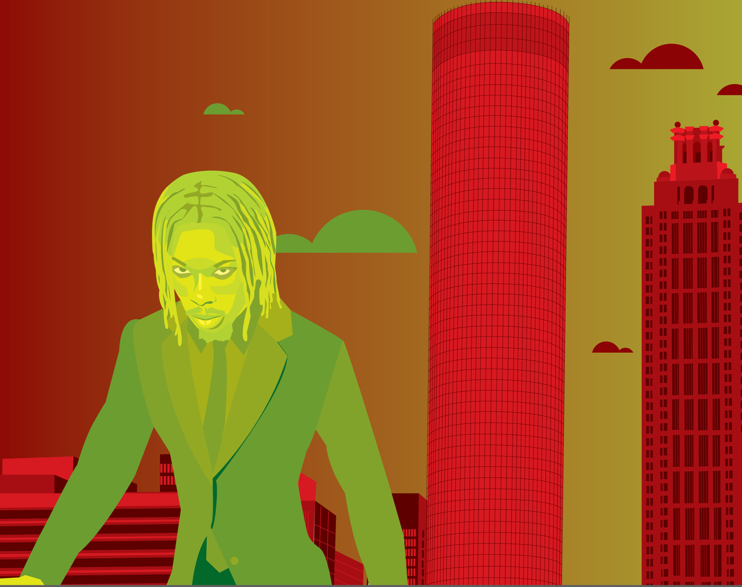 Stylized illustration of a woman with long yellow hair and green and yellow clothing, set against a cityscape with red and green buildings and a sunset sky