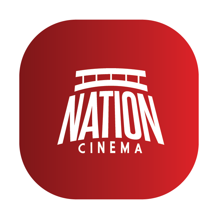 Red app icon with white stylized text 'NATION CINEMA' and a film reel graphic above the text.