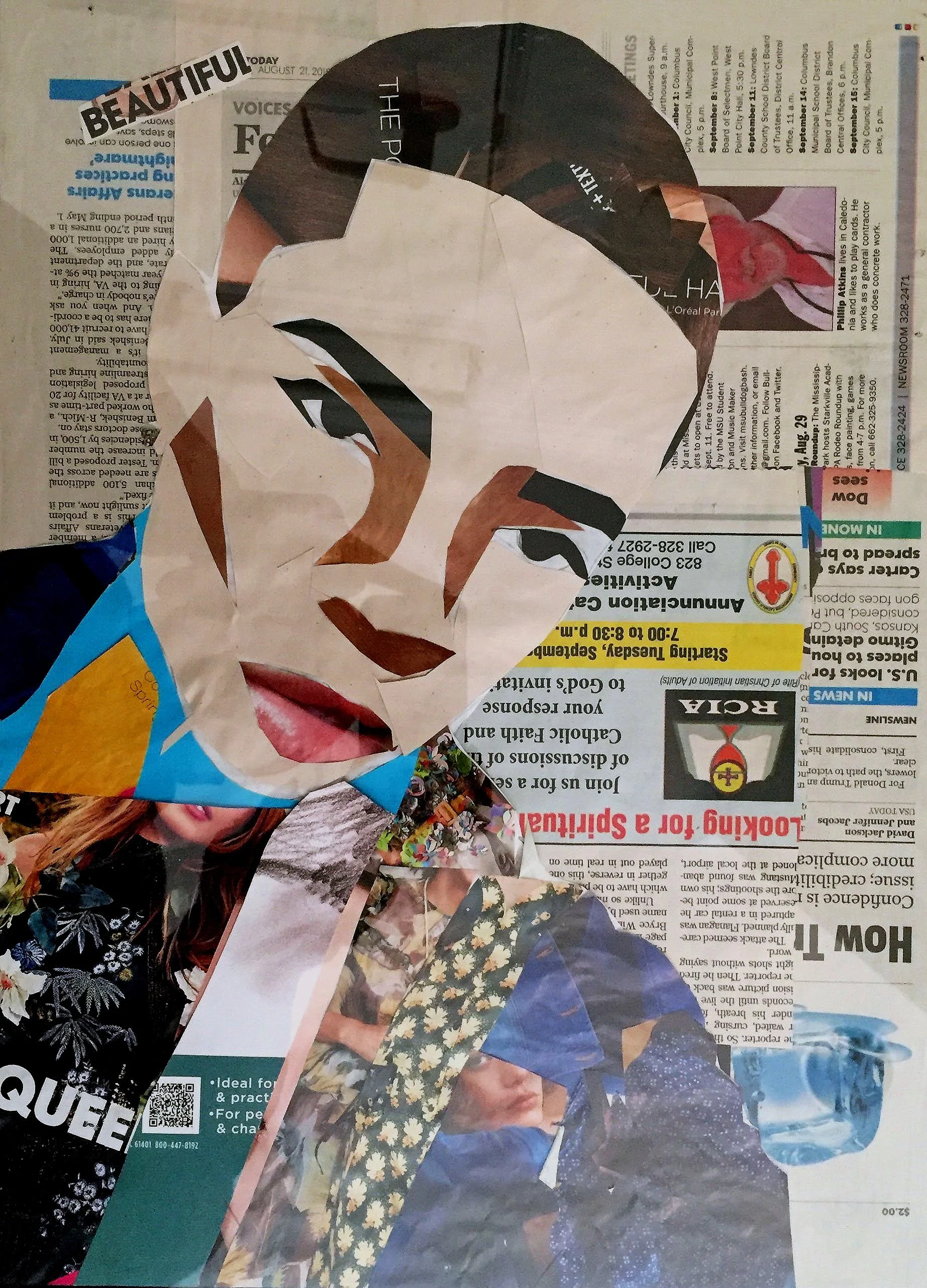 Collage of cut-out magazine photos and newspaper clippings, including a woman's face, floral patterns, and text snippets with words like 'BEAUTIFUL' and 'QUEEN'.