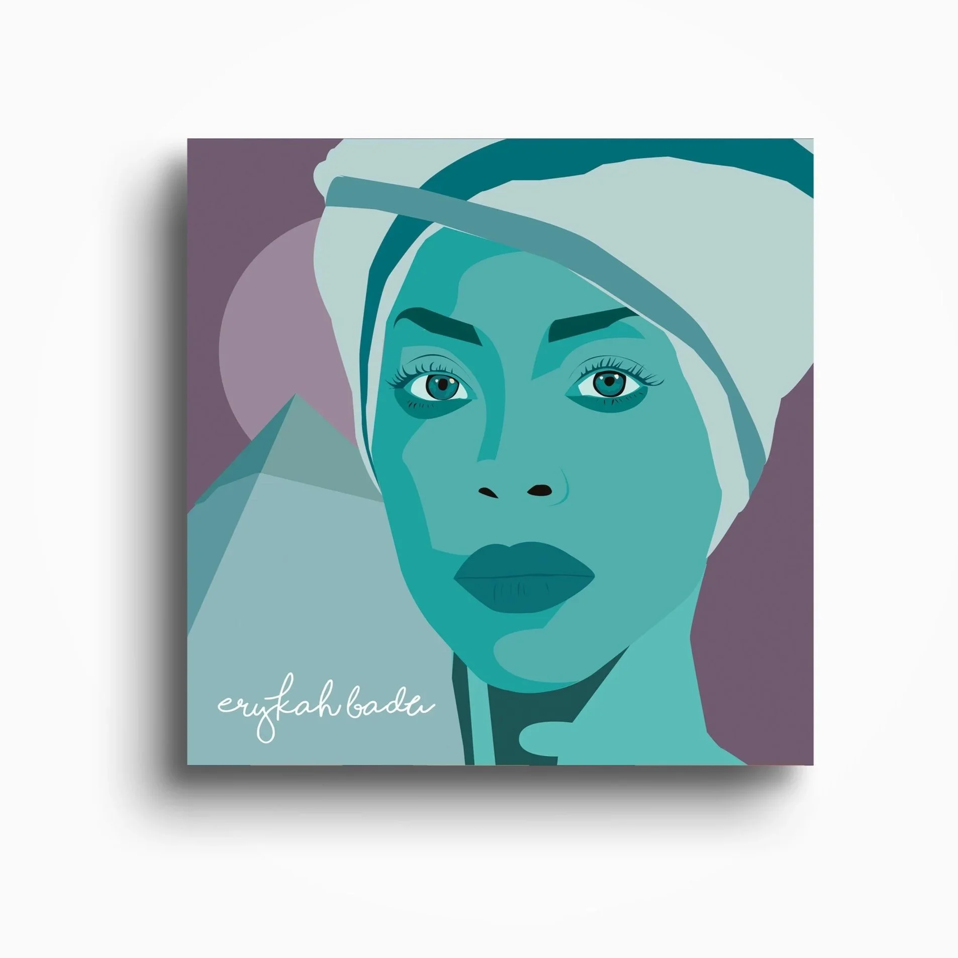 Stylized portrait of a Erykah Badu face with blue skin, large eyes, and stylized head wrap.