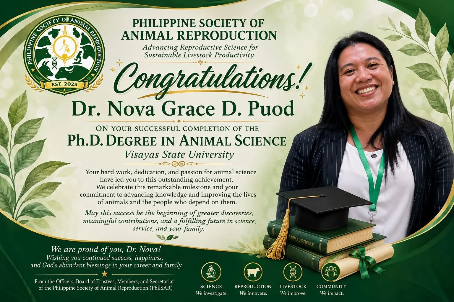 PhilSAR Congratulates Dr. Nova Grace D. Puod on Earning Her Ph.D. in Animal Science