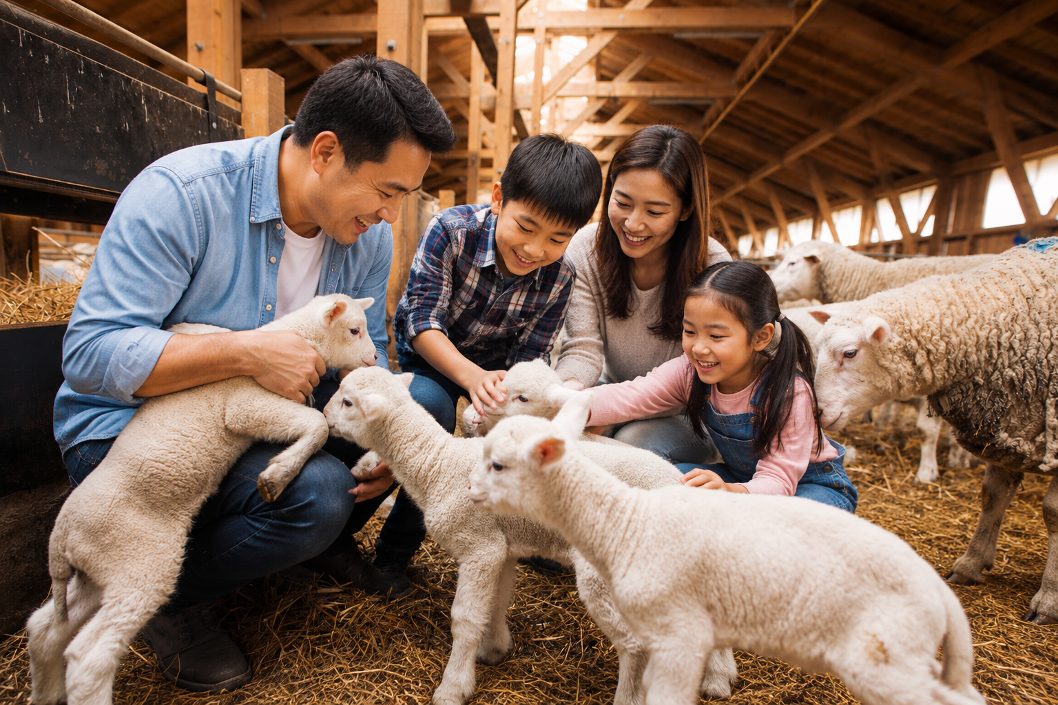 An Asian family interacting with lambs inside a modern sheep barn, enjoying hands-on learning about animal care, livestock farming, and sustainable agriculture.
