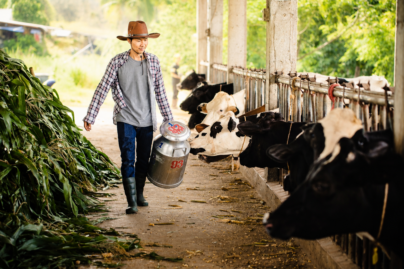 A dairy farmer carrying a milk can while tending dairy cattle in a modern barn, demonstrating daily livestock care, feeding, and sustainable dairy farm management.