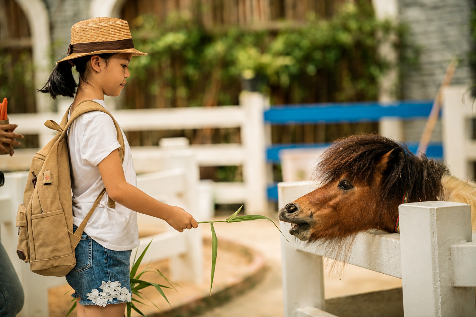 A young student feeding a miniature horse during an educational farm visit, fostering hands-on learning, animal care, and appreciation for livestock and agriculture.