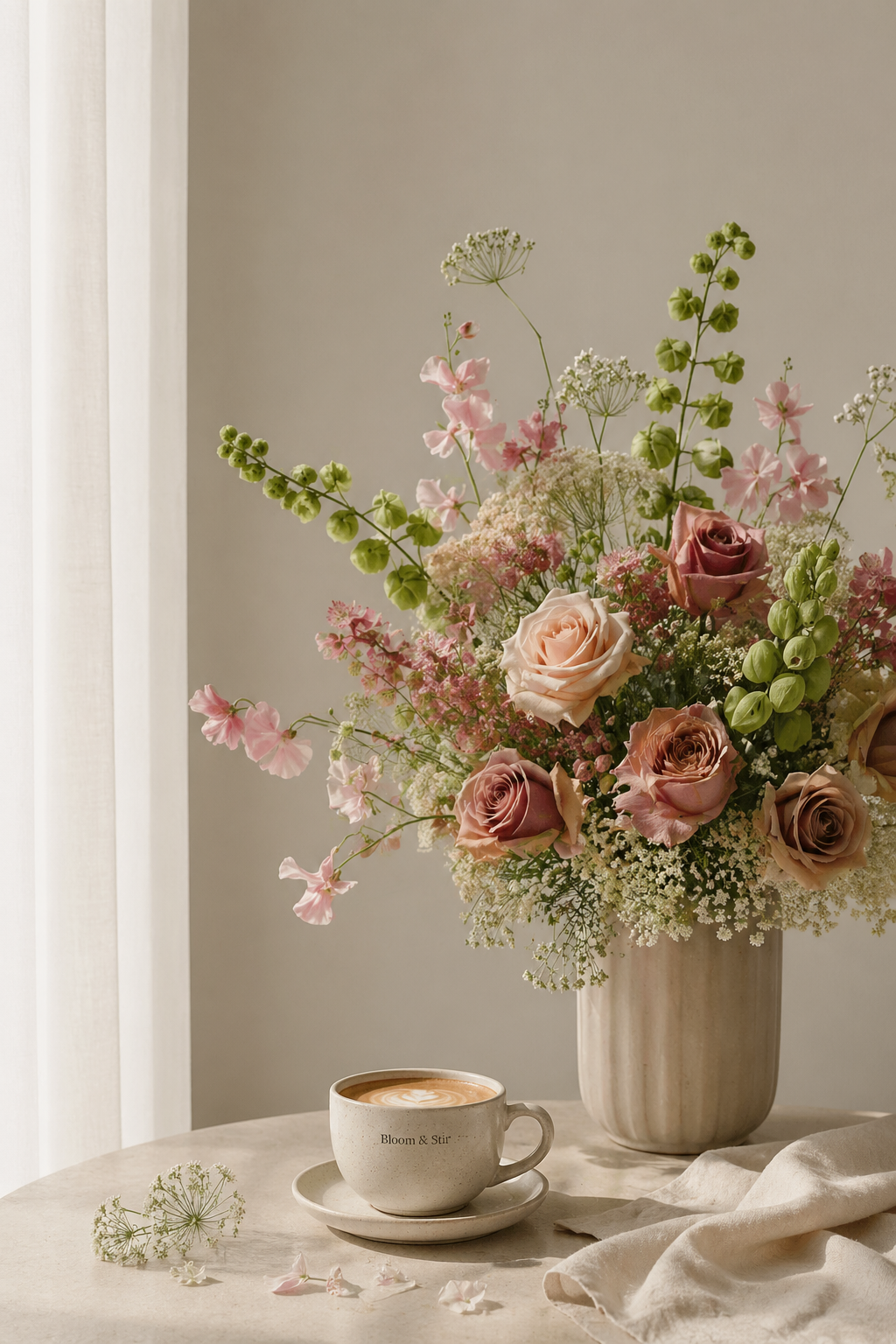 A bouquet of pink, peach, and white roses, pink and white fillers in a large vase on a table with a coffee mug and scattered flowers, near a window with soft natural light.