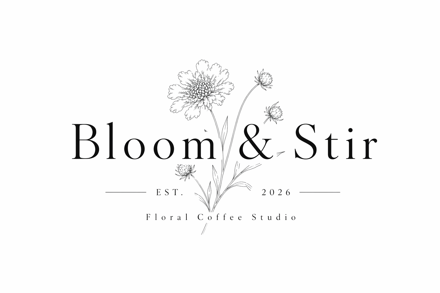 Logo for Bloom & Stir, a floral coffee studio established in 2026, featuring a line drawing of a flower and text in black on a white background.