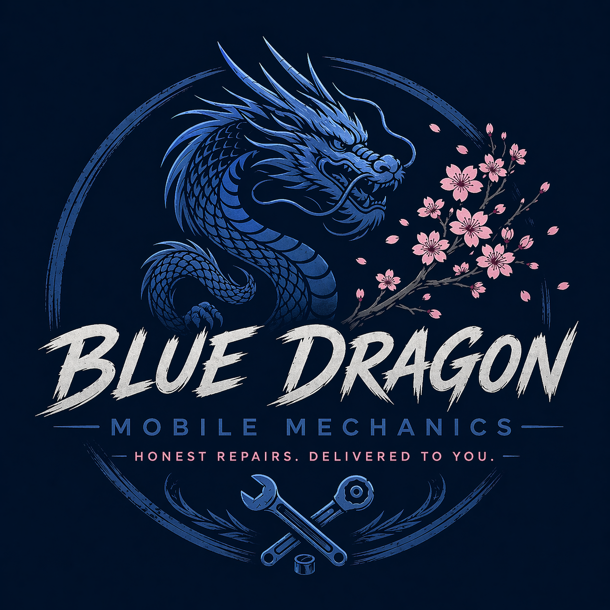 Logo for Blue Dragon Mobile Mechanics featuring a blue dragon, cherry blossoms, and tools with the tagline "Honest Repairs. Delivered to You."