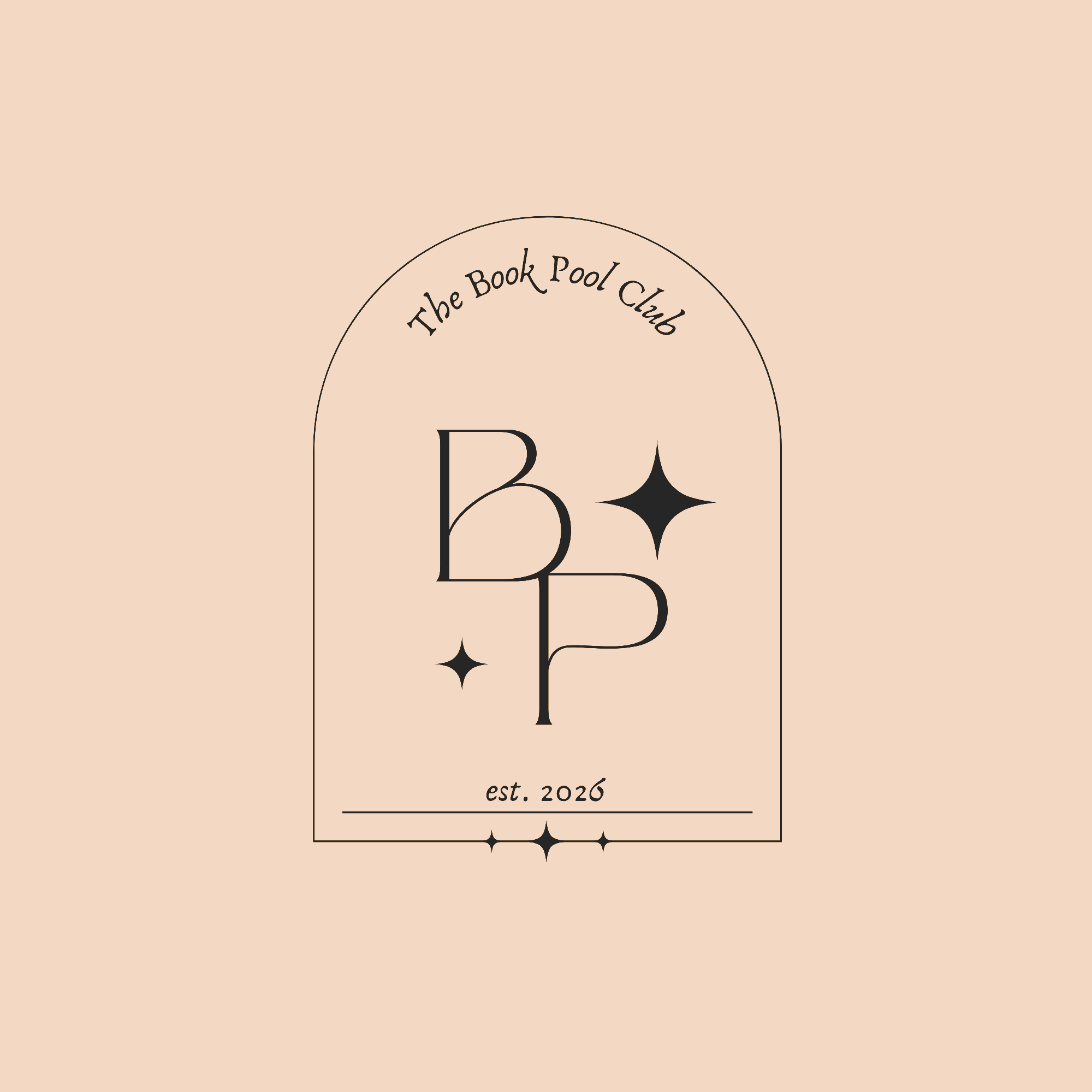 Close-up of a logo design for The Book Pool Club, established in 2020, featuring a stylized 'B' and 'P' with a decorative star element, on a beige background.