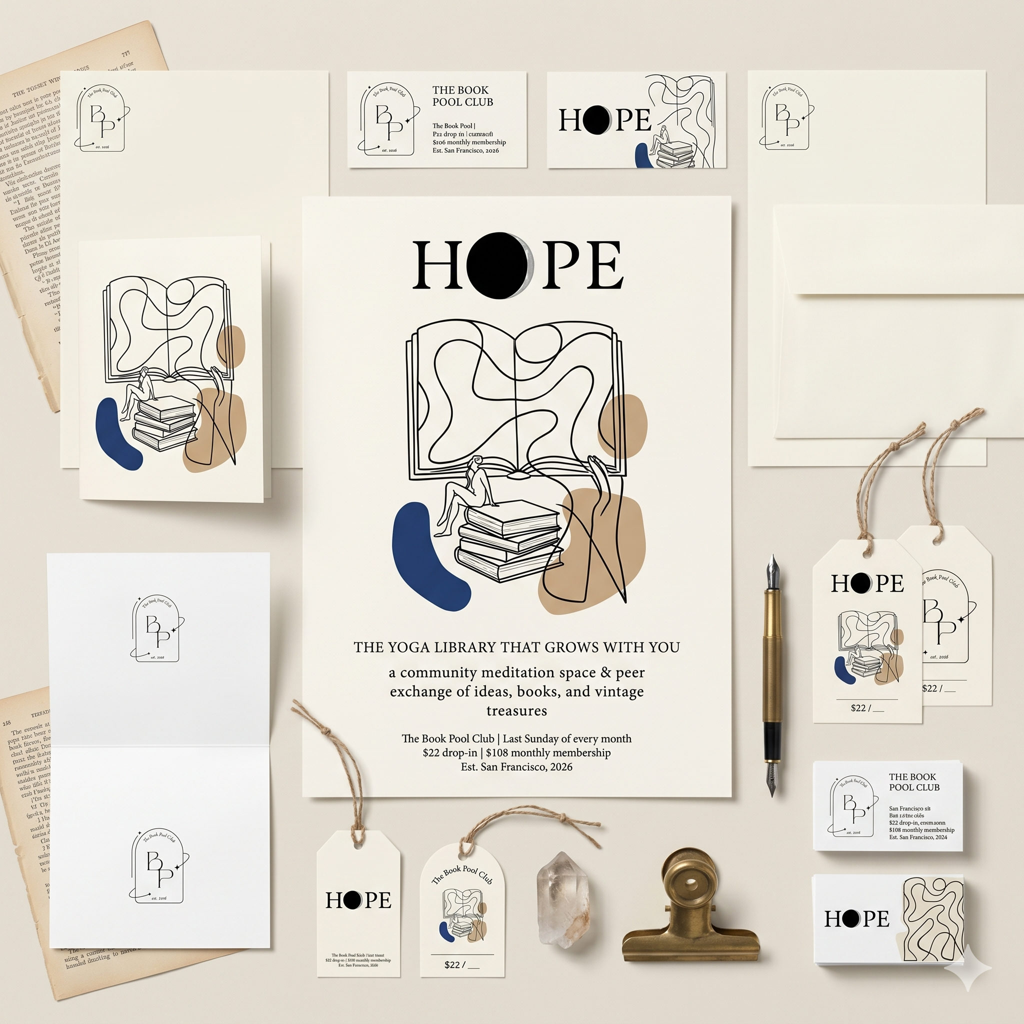 Collection of printed materials related to The Book Pool Club, including flyers, posters, and cards, featuring the word HOPE and abstract line art of a person reading a book, with vintage and textured elements, all arranged on a light surface.