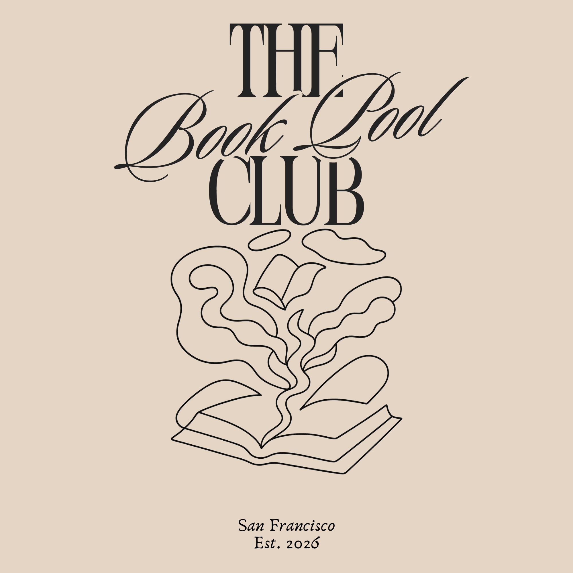 A logo with text that reads 'The Book Club' in elegant, cursive font with a simple illustration of an open book below, and smaller text at the bottom credits 'San Francisco' and 'Est. 2026' on a beige background.