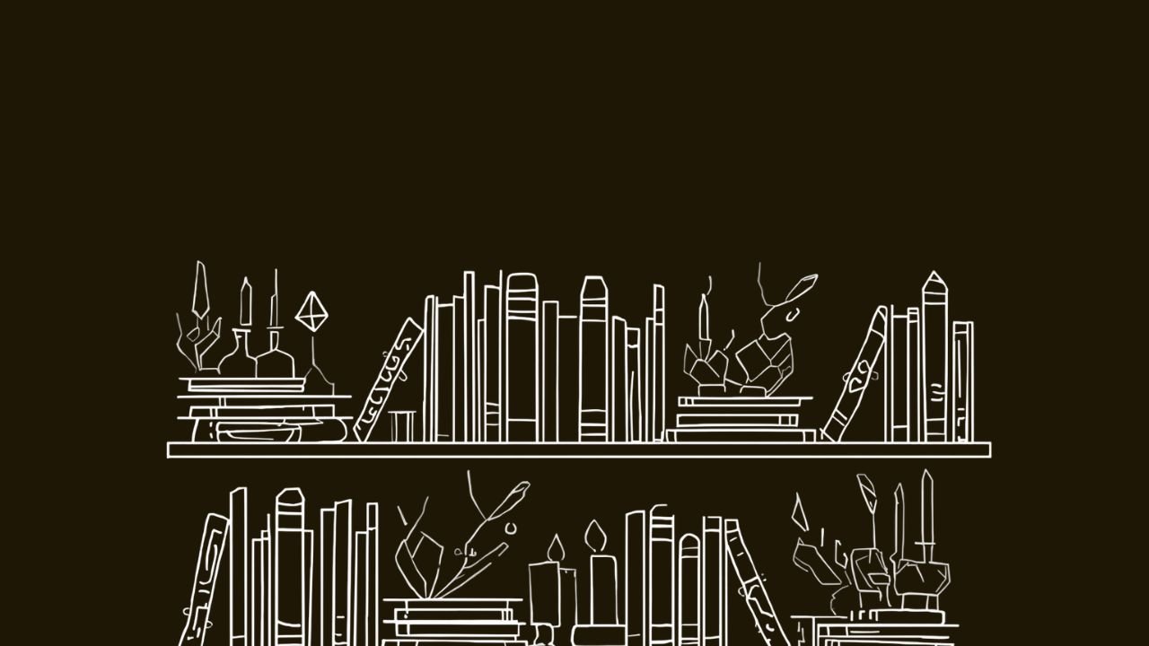 Line drawing of books and scientific equipment on shelves against a dark background.
