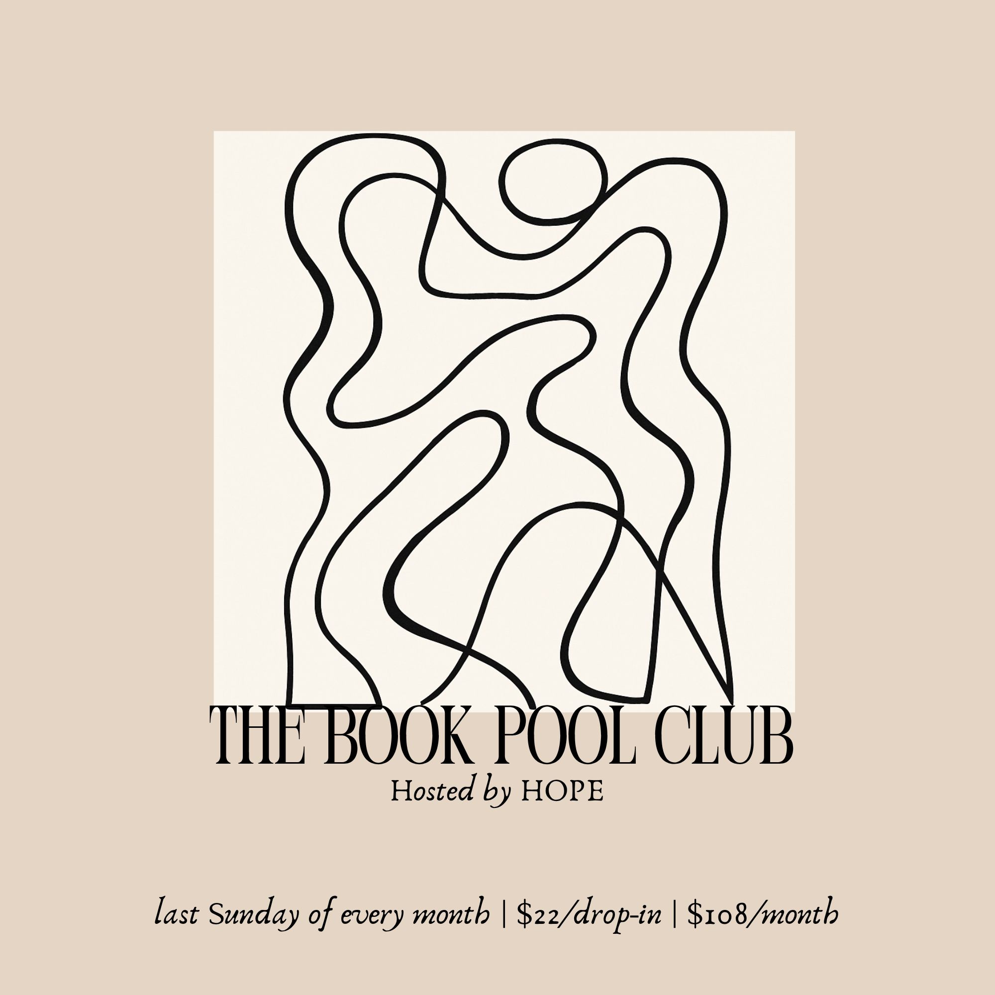 A poster for The Book Pool Club, hosted by Hope, featuring a minimalist line art illustration of two people embracing, with text about the event details.