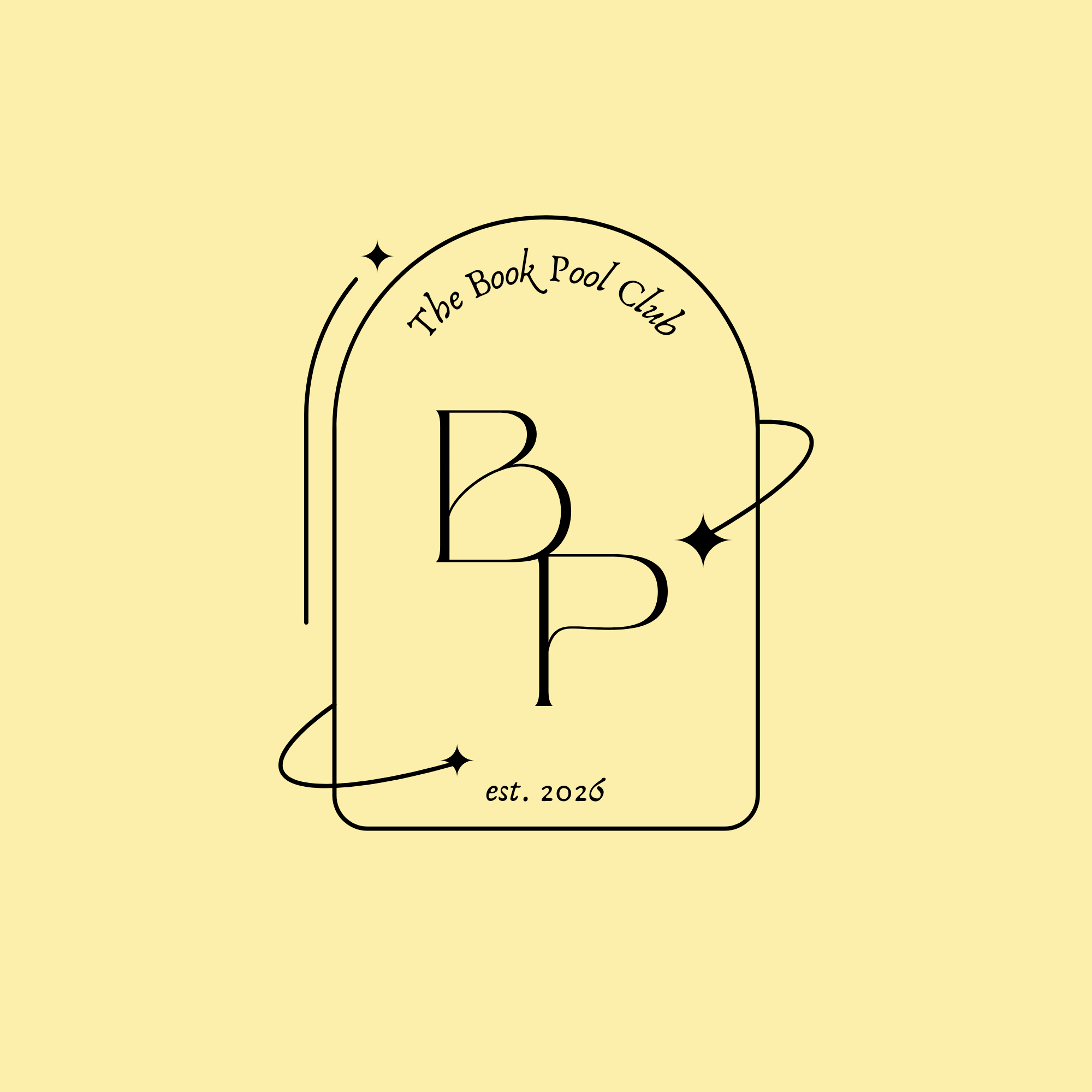 A logo with a light yellow background featuring the text "The Book Pool Club" and "est. 2026" inside a rounded rectangle outline. The design is minimalist with black text and small decorative stars.