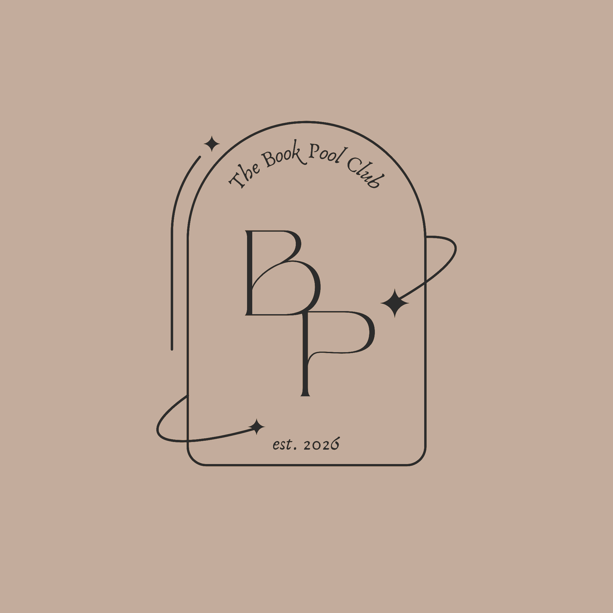 Design for The Book Pool Club logo on a beige background, featuring a decorative arch with the club's name and established date 2020.