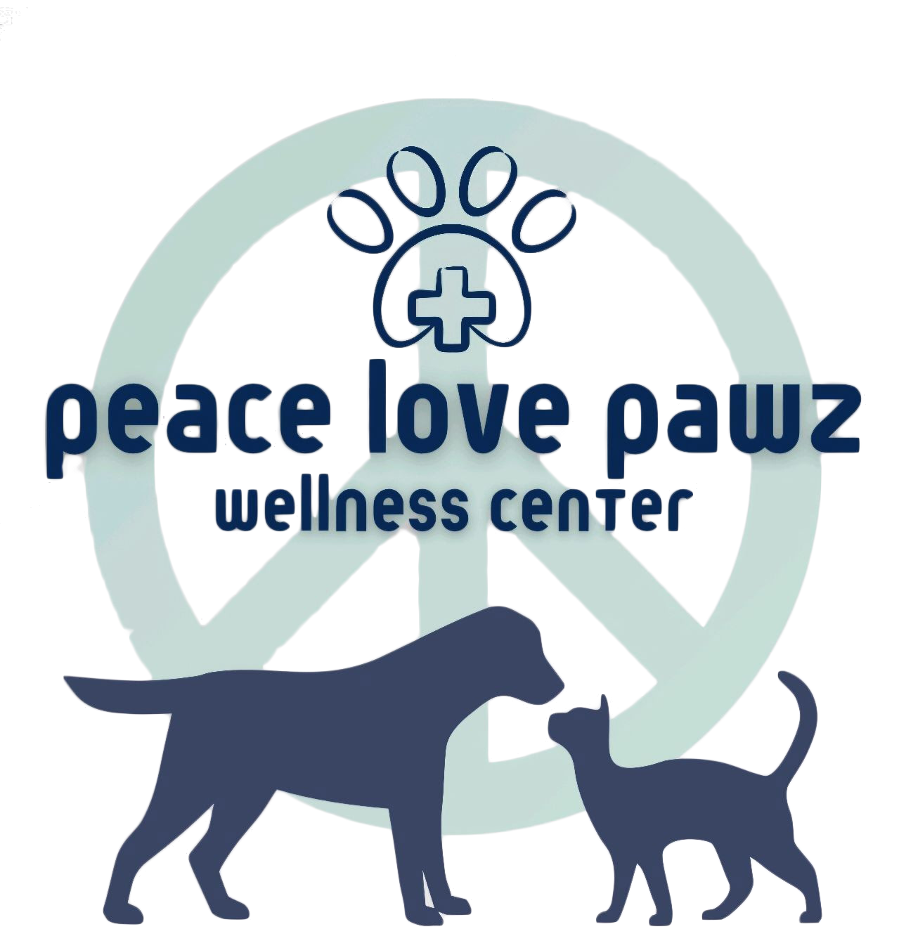 Logo for Peace Love Pawz Wellness Center featuring a paw print with a medical cross, two dogs facing each other, and the center's name.