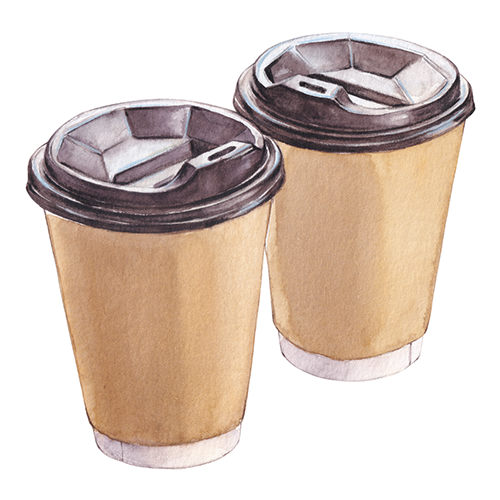 Two to-go coffee cups with plastic lids and brown paper sleeves.