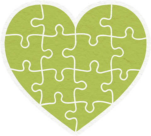 Green heart-shaped jigsaw puzzle with interlocking pieces.