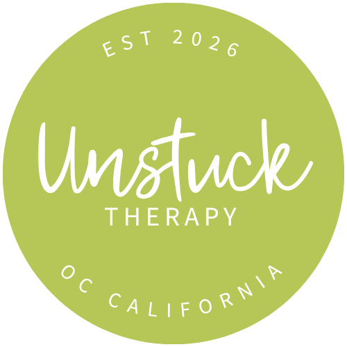 Green circular logo that reads "Unstuck Therapy," established in 2026, located in Orange County, California.